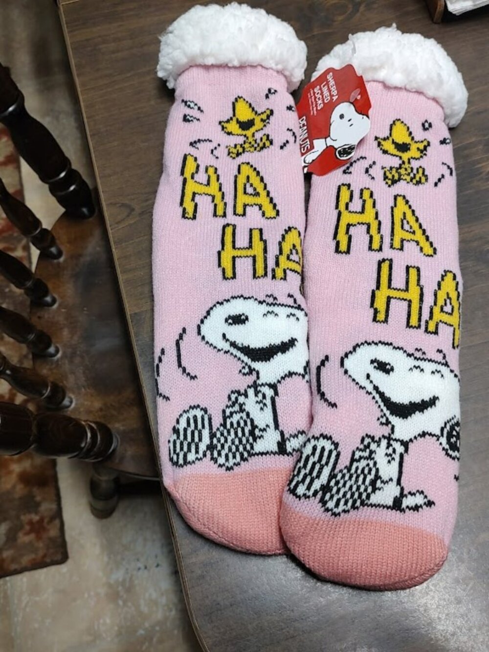 New Peanuts Snoopy Woodstock Ha Ha Pink Sherpa Lined Socks Women's One Size